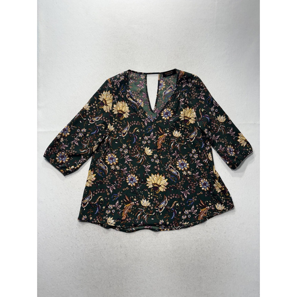 Renee C Top Womens S Green Floral V Neck 3/4 Sleeve Blouse 1633TP73